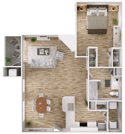 Floor plan for 1 bed, 1 bath, 834 sqft